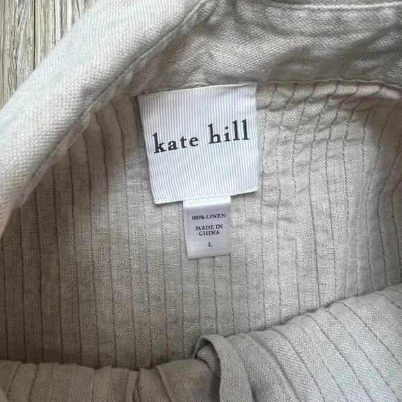 Kate Hill Shirt 100% Linen Women's Large Oatmeal Career Tunic Bib Button Down - Picture 6 of 8